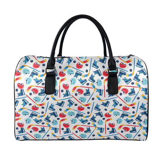 Hockey Equipment Pattern Print Leather Duffle Bag