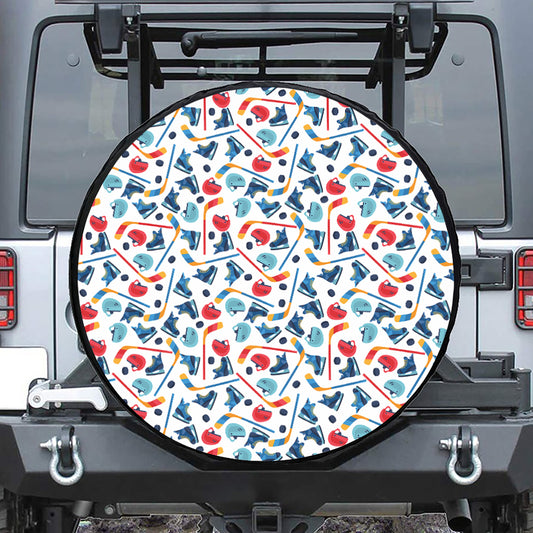 Hockey Equipment Pattern Print Leather Spare Tire Cover
