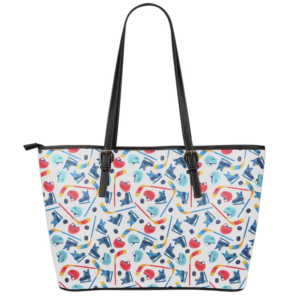 Hockey Equipment Pattern Print Leather Tote Bag