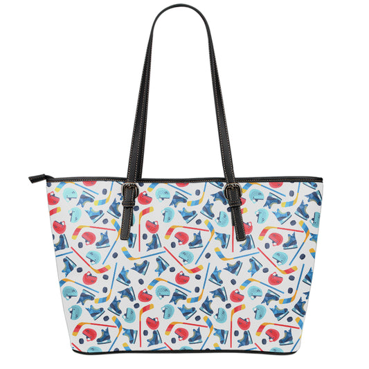 Hockey Equipment Pattern Print Leather Tote Bag