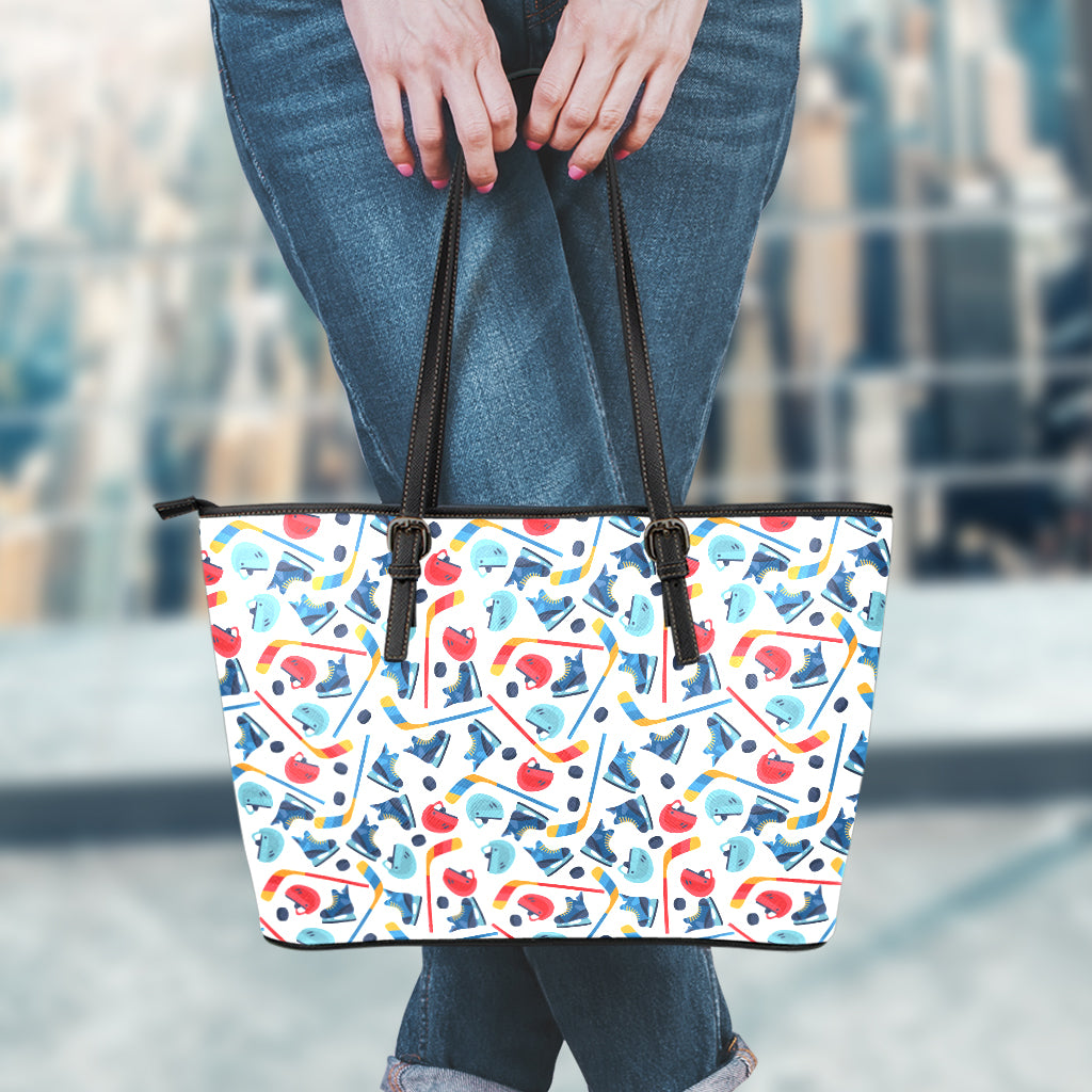 Hockey Equipment Pattern Print Leather Tote Bag