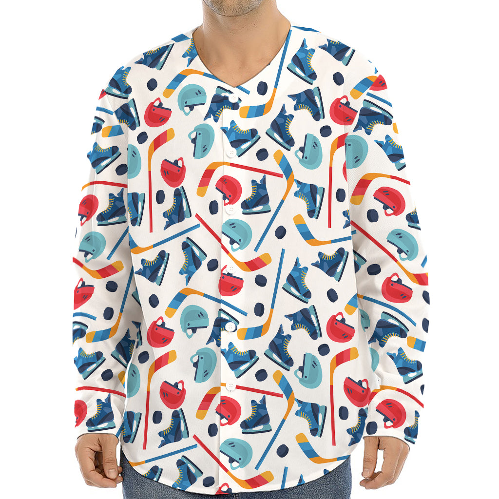 Hockey Equipment Pattern Print Long Sleeve Baseball Jersey