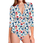 Hockey Equipment Pattern Print Long Sleeve Swimsuit