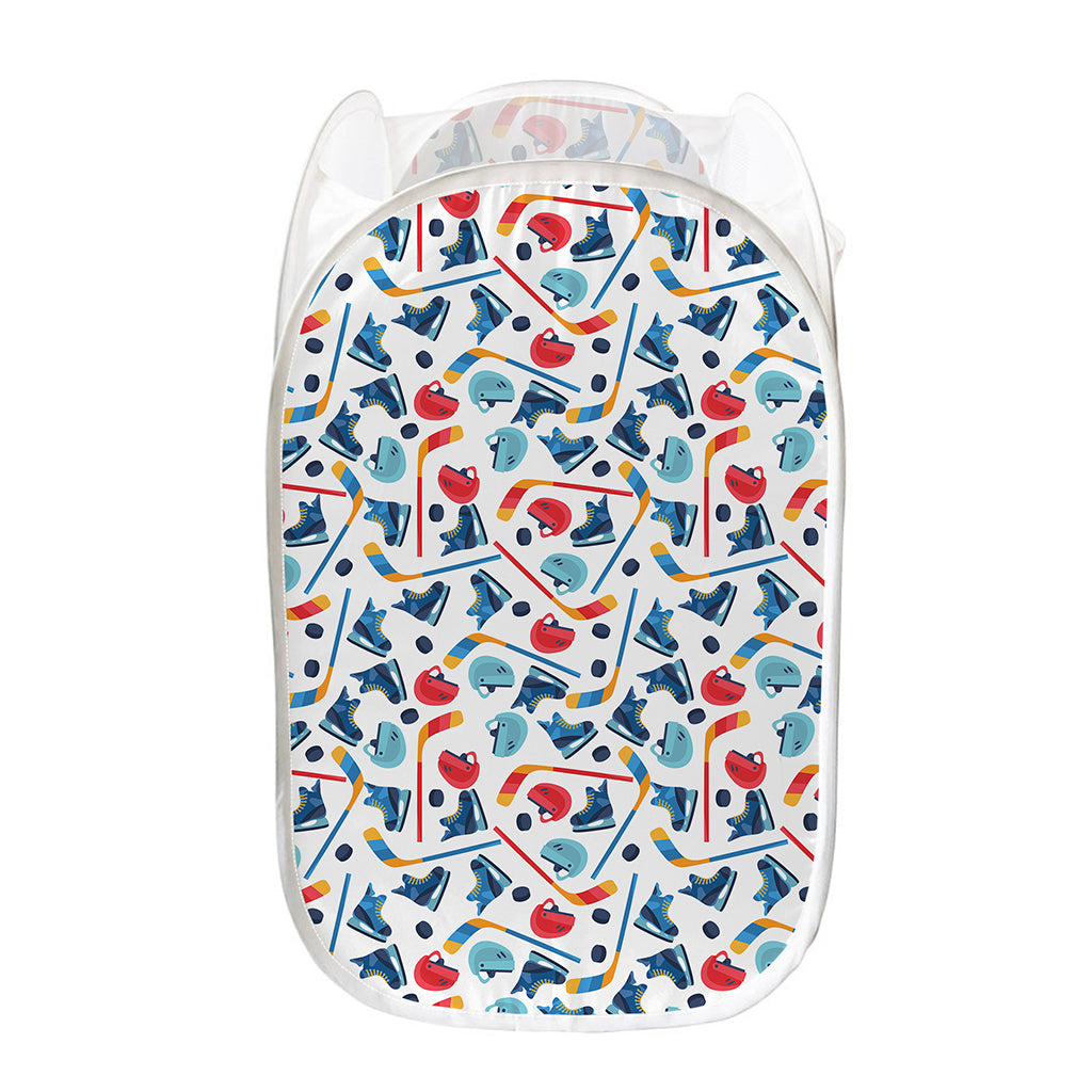 Hockey Equipment Pattern Print Mesh Laundry Hamper