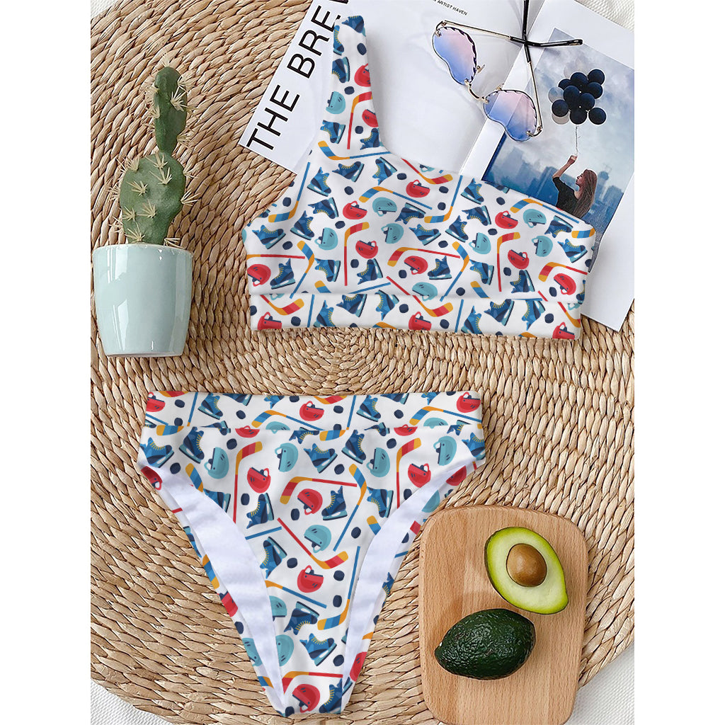 Hockey Equipment Pattern Print One Shoulder Bikini Top
