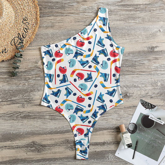 Hockey Equipment Pattern Print One Shoulder Bodysuit