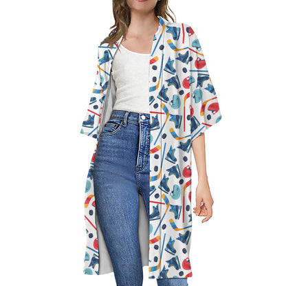 Hockey Equipment Pattern Print Open Front Beach Cover Up