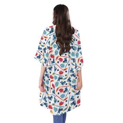 Hockey Equipment Pattern Print Open Front Beach Cover Up