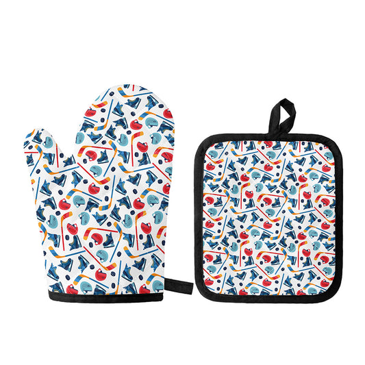 Hockey Equipment Pattern Print Oven Mitt And Pot Holder Set