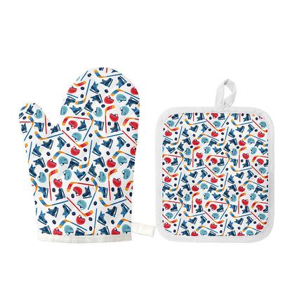 Hockey Equipment Pattern Print Oven Mitt And Pot Holder Set