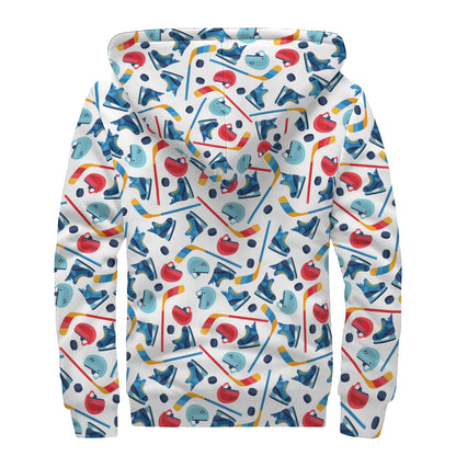 Hockey Equipment Pattern Print Sherpa Lined Zip Up Hoodie
