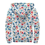Hockey Equipment Pattern Print Sherpa Lined Zip Up Hoodie