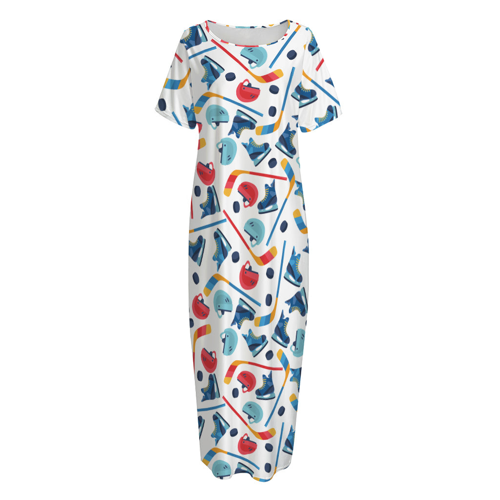 Hockey Equipment Pattern Print Short Sleeve Long Nightdress