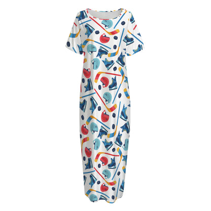 Hockey Equipment Pattern Print Short Sleeve Long Nightdress