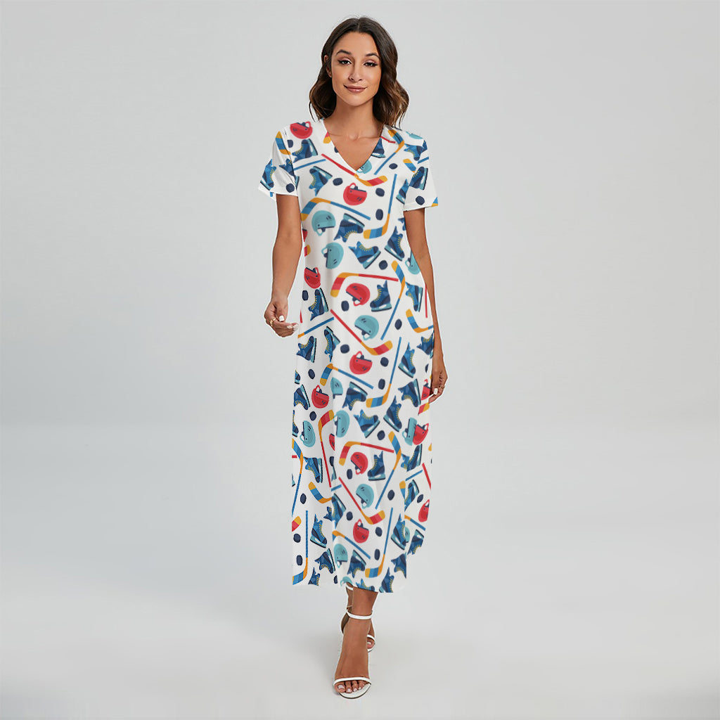 Hockey Equipment Pattern Print Short Sleeve Maxi Dress