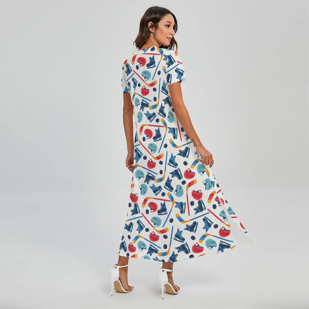 Hockey Equipment Pattern Print Short Sleeve Maxi Dress