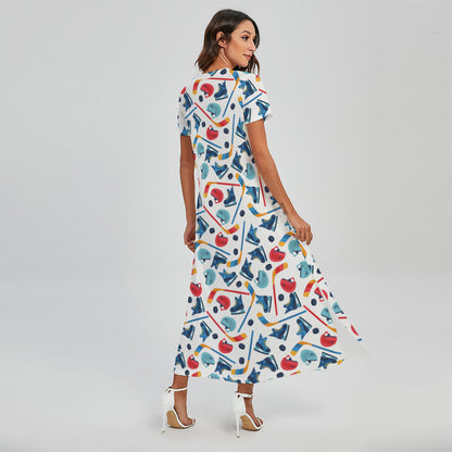 Hockey Equipment Pattern Print Short Sleeve Maxi Dress