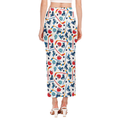 Hockey Equipment Pattern Print Side Slit Maxi Skirt