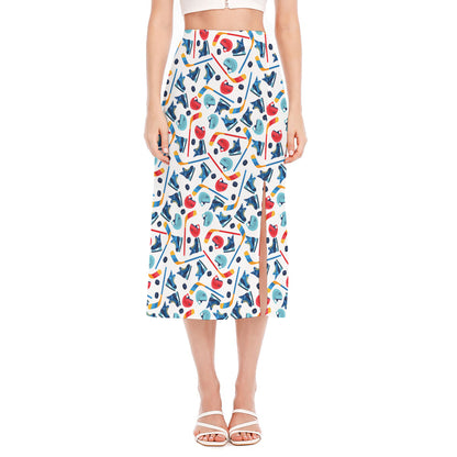 Hockey Equipment Pattern Print Side Slit Midi Skirt