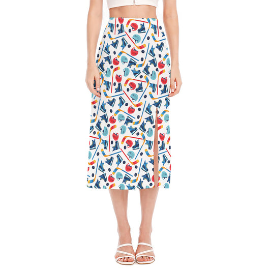 Hockey Equipment Pattern Print Side Slit Midi Skirt