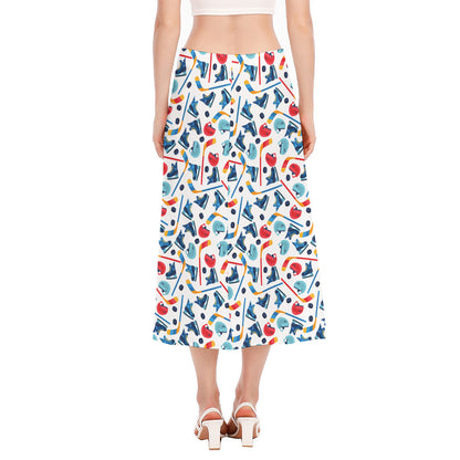 Hockey Equipment Pattern Print Side Slit Midi Skirt