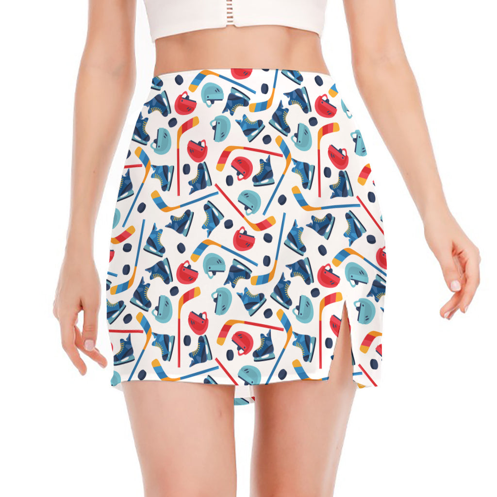 Hockey Equipment Pattern Print Side Slit Mini Skirt