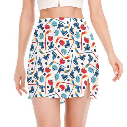 Hockey Equipment Pattern Print Side Slit Mini Skirt