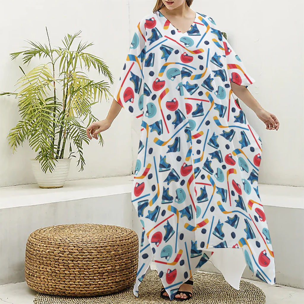 Hockey Equipment Pattern Print Silk V-Neck Kaftan Dress