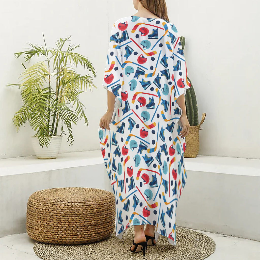 Hockey Equipment Pattern Print Silk V-Neck Kaftan Dress