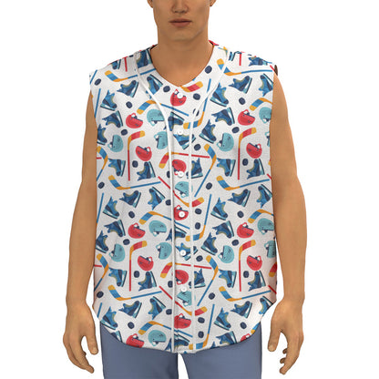 Hockey Equipment Pattern Print Sleeveless Baseball Jersey