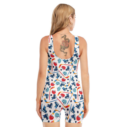 Hockey Equipment Pattern Print Sleeveless One Piece Swimsuit