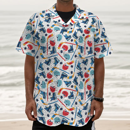 Hockey Equipment Pattern Print Textured Short Sleeve Shirt