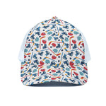 Hockey Equipment Pattern Print White Mesh Trucker Cap