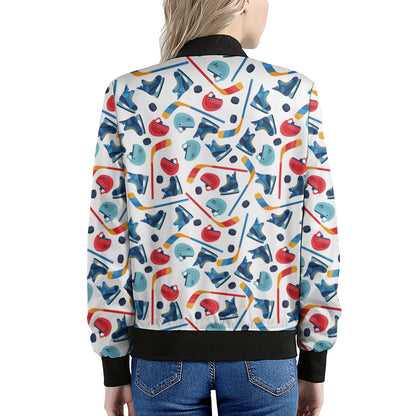 Hockey Equipment Pattern Print Women's Bomber Jacket