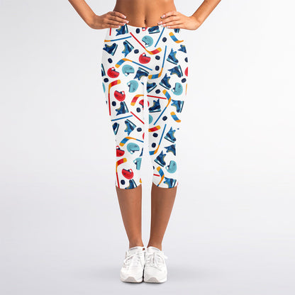 Hockey Equipment Pattern Print Women's Capri Leggings
