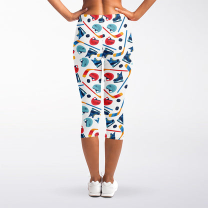 Hockey Equipment Pattern Print Women's Capri Leggings