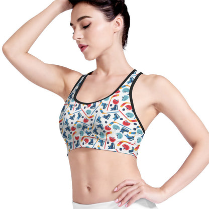 Hockey Equipment Pattern Print Women's Sports Bra