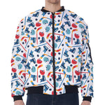 Hockey Equipment Pattern Print Zip Sleeve Bomber Jacket
