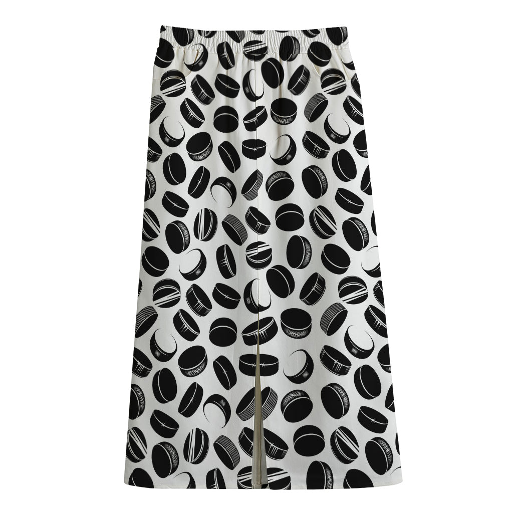 Hockey Puck Pattern Print Cotton Front Slit Maxi Skirt