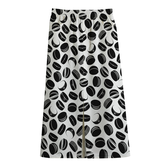 Hockey Puck Pattern Print Cotton Front Slit Maxi Skirt