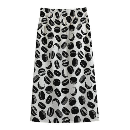 Hockey Puck Pattern Print Cotton Front Slit Maxi Skirt
