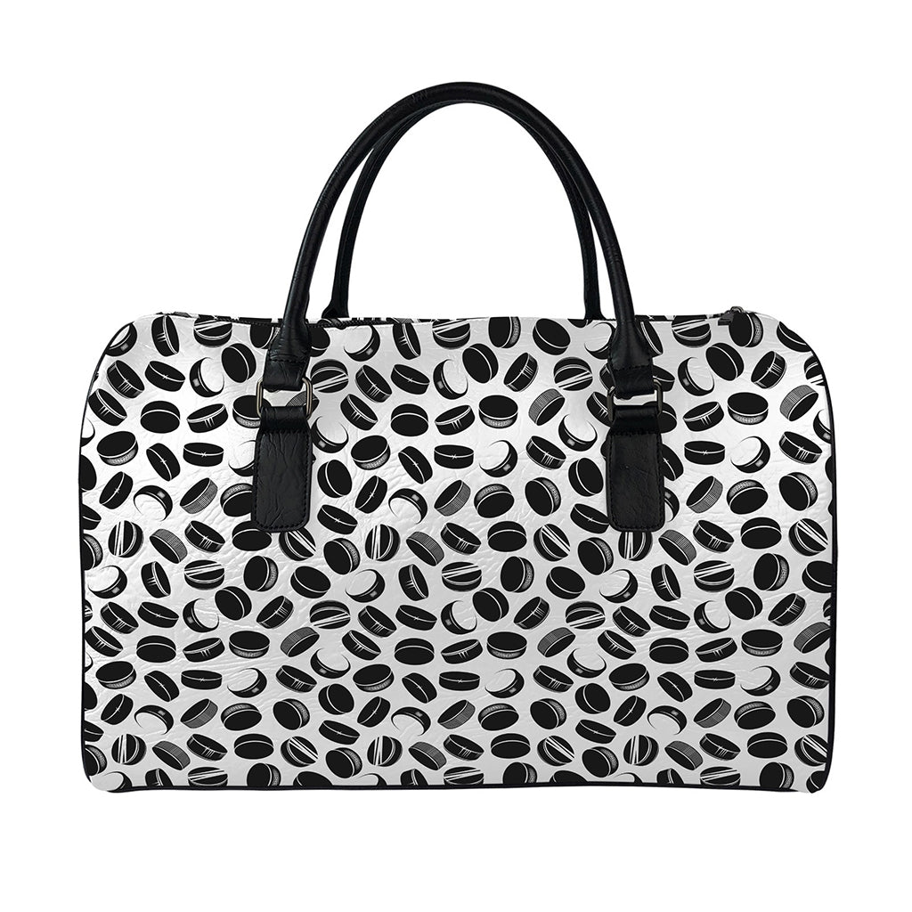 Hockey Puck Pattern Print Leather Duffle Bag
