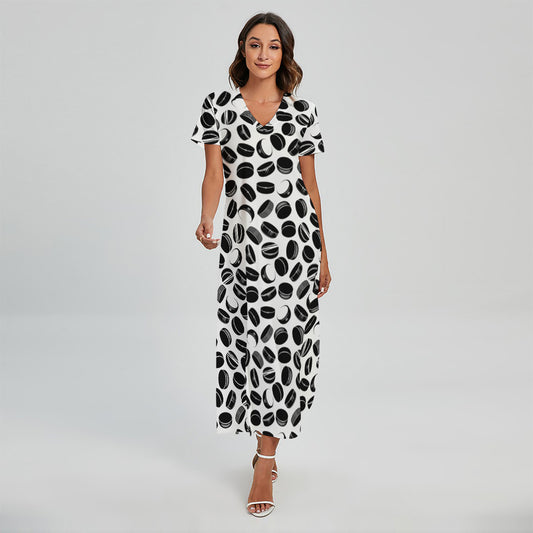 Hockey Puck Pattern Print Short Sleeve Maxi Dress
