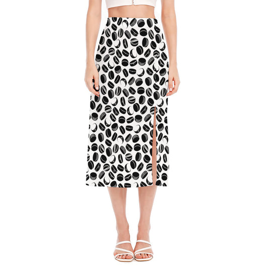 Hockey Puck Pattern Print Side Slit Midi Skirt