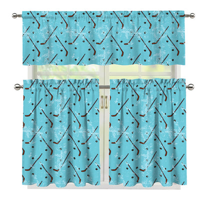 Hockey Stick And Puck Pattern Print 3 Piece Kitchen Curtains