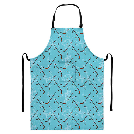 Hockey Stick And Puck Pattern Print Bib Apron With Pocket