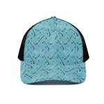 Hockey Stick And Puck Pattern Print Black Mesh Trucker Cap