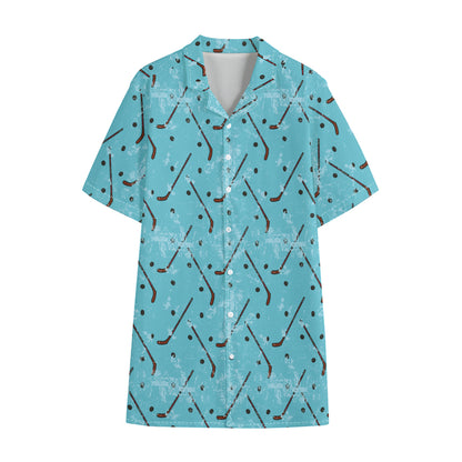 Hockey Stick And Puck Pattern Print Cotton Hawaiian Shirt