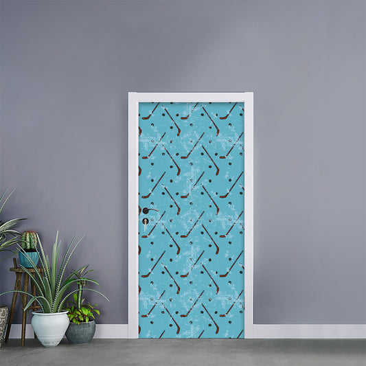 Hockey Stick And Puck Pattern Print Door Sticker