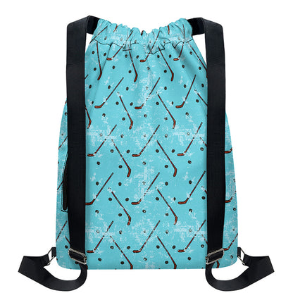 Hockey Stick And Puck Pattern Print Drawstring Backpack